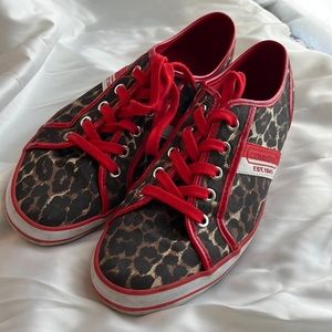 Coach Deja Shoes Leopard Canvas w/ Red Patent Leather Trim